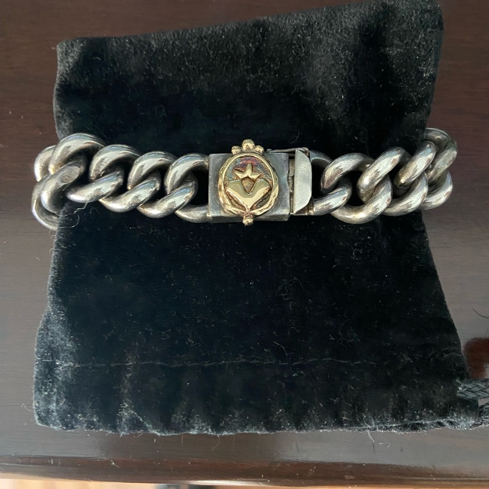 Heavy sterling silver link chain bracket with 14kt rose gold accent